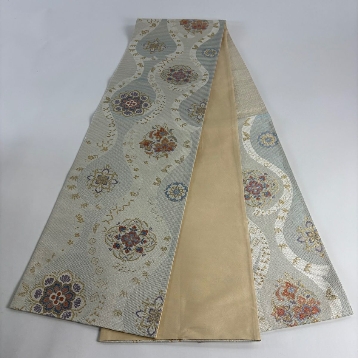 【美品】 袋帶 秀品級 華紋 蔓帶 金金箔 灰綠 六通 純蠶絲