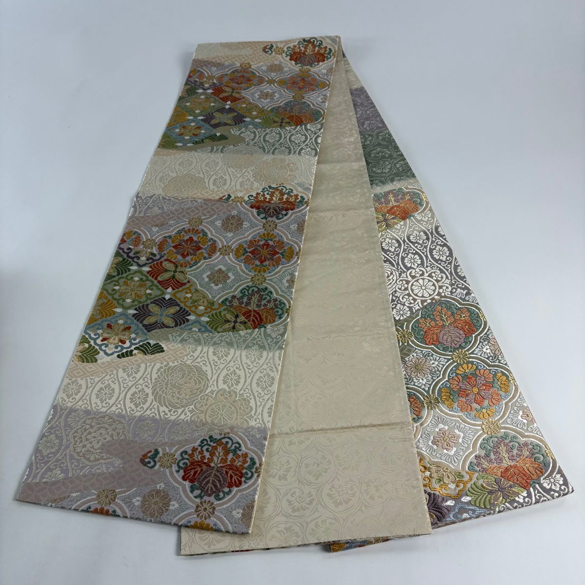 【美品】 袋帶 秀品級 華紋 立涌 唐織 金金箔 灰紫 六通 純蠶絲