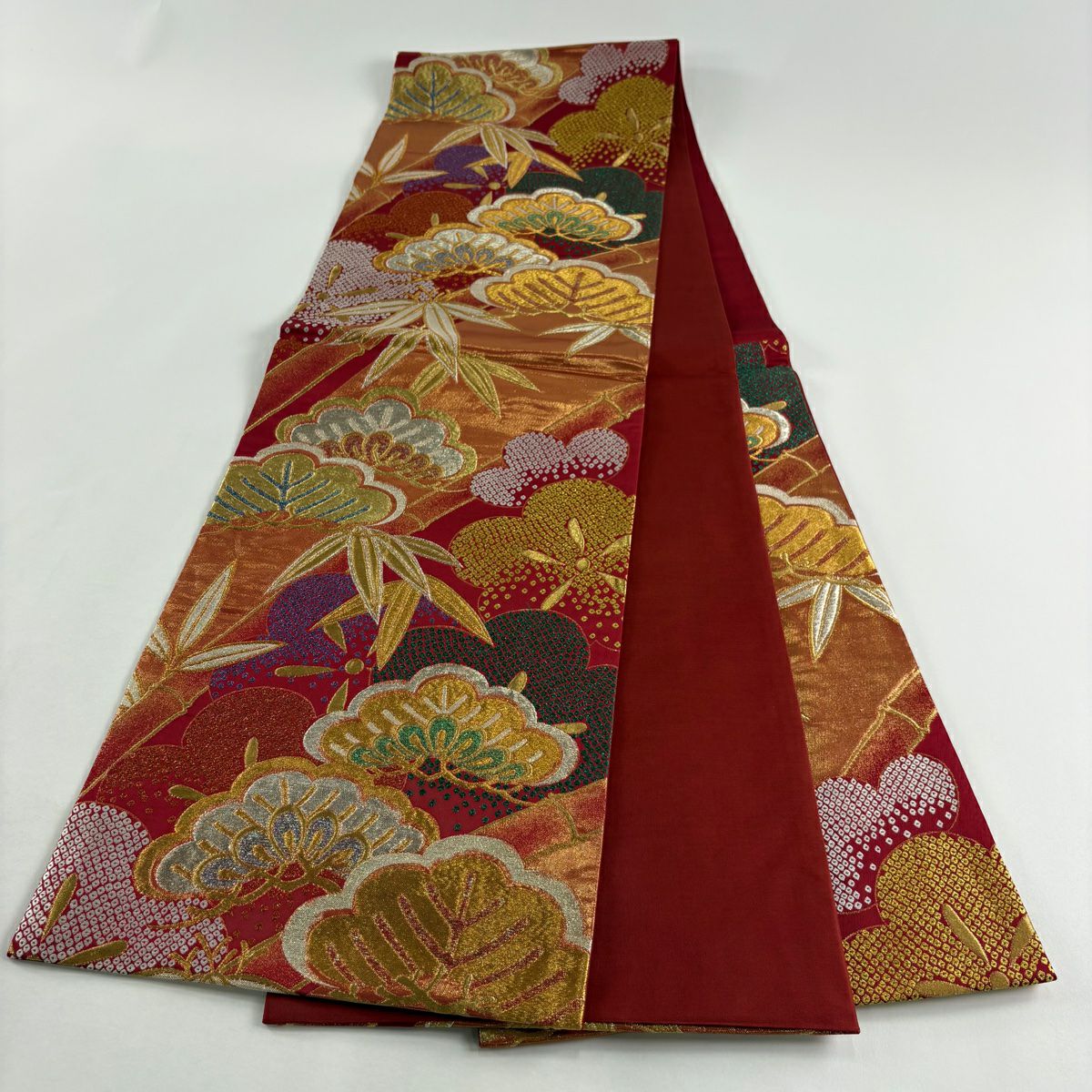 【美品】 袋帶 秀品級 振袖禮服禮服用 松樹竹子梅花 金銀線 金金箔 紅 六通 純蠶絲