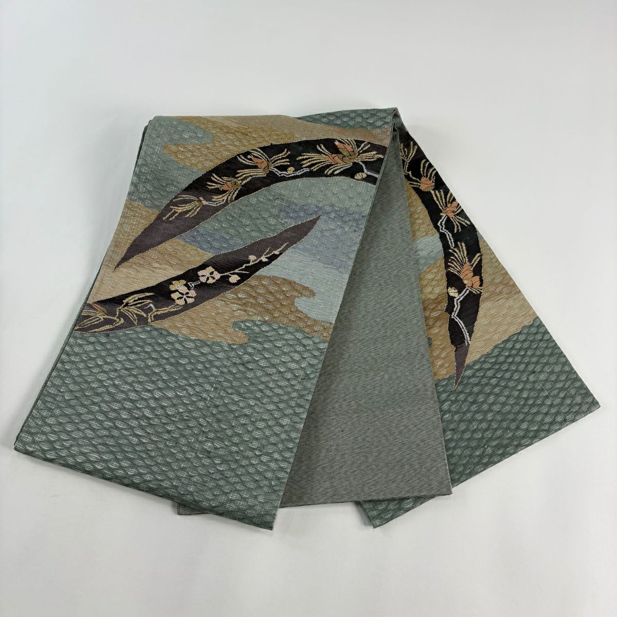 袋帶 秀品級 霞 松樹竹子梅花 灰綠 お太鼓圖案 純蠶絲