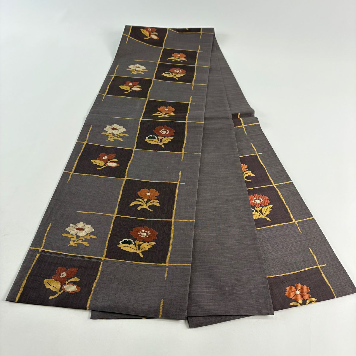 【美品】 袋帶 秀品級 落款あり 草花紋 灰紫 六通 純蠶絲