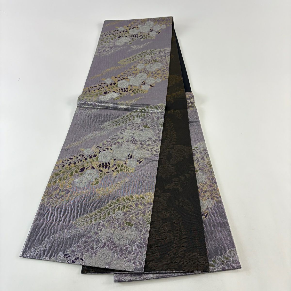 【美品】 袋帶 秀品級 辻花染 金金箔 淺紫 六通 純蠶絲