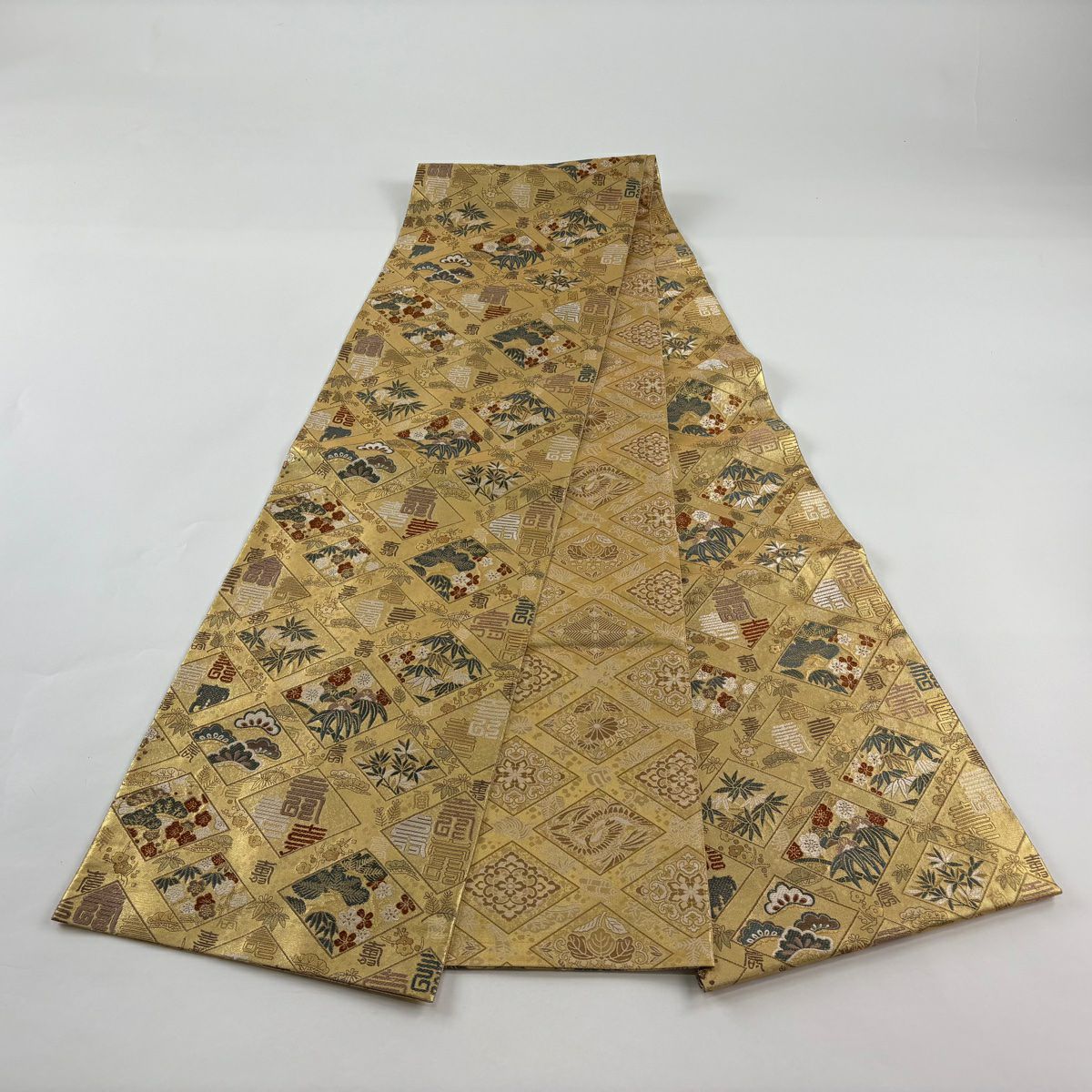 【美品】 袋帶 逸品級 落款あり 証紙あり 小森草木染工房 本場筑前博多織 佐賀錦 秋月織 菱 松樹竹子梅花 金糸 金金箔 金色 全通 純蠶絲