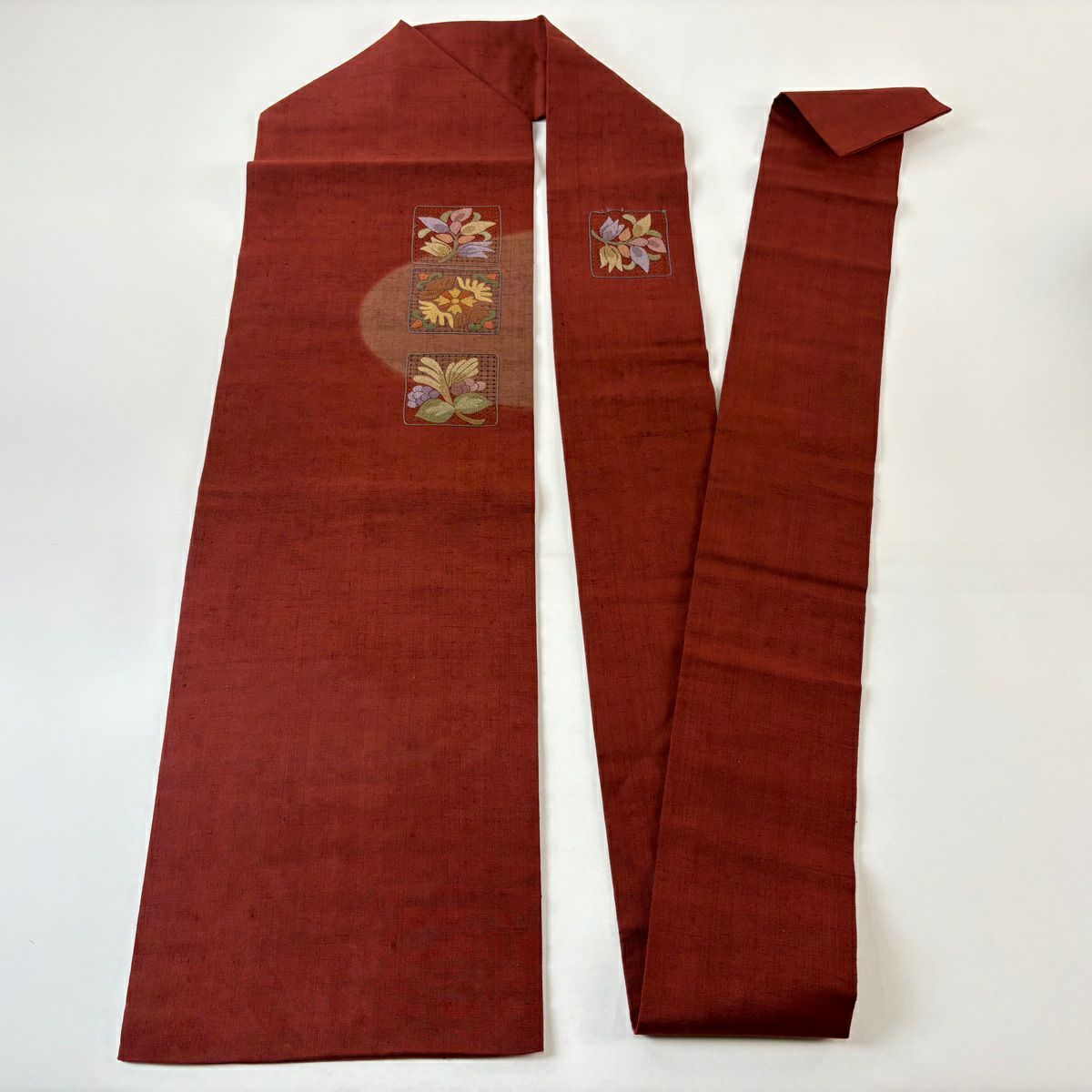 名古屋帶 秀品級 紬織織 草花紋紋 刺繡 紅茶 純蠶絲