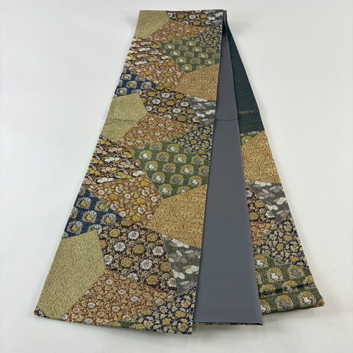 袋帶 秀品級 裂取正倉院文 草花紋刺繡 金線 茶 六通 純蠶絲