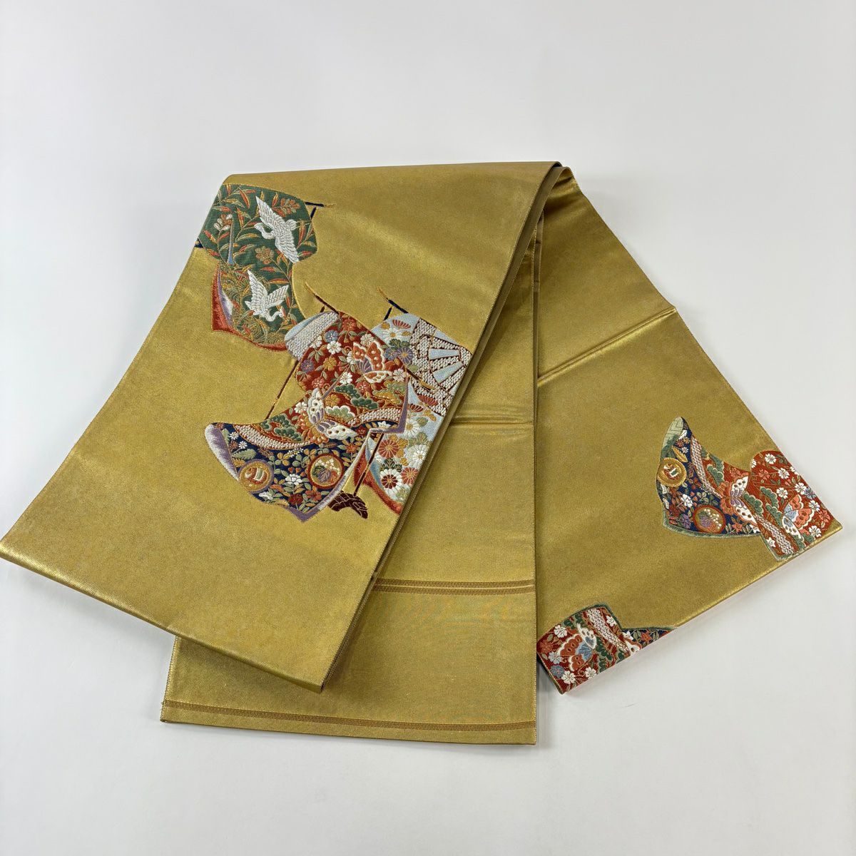 【美品】 袋帶 秀品級 關西仕立 單層 袖口 金金箔 金色 大鼓圖案 純蠶絲