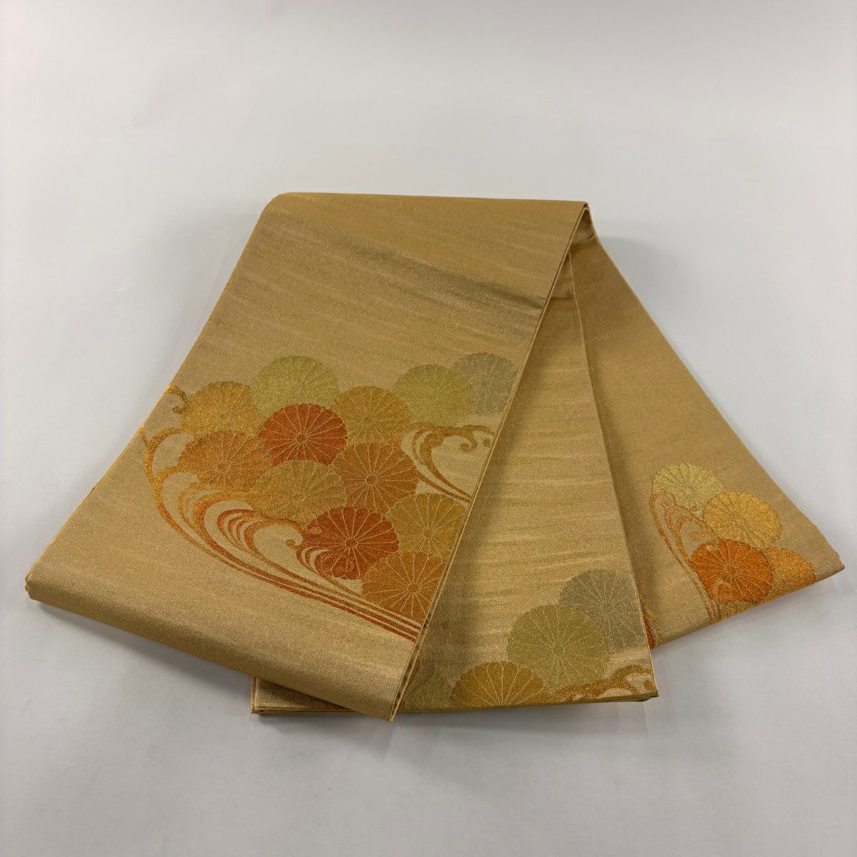 【美品】 袋帶 秀品級 綴織 波濤菊花花紋 金絲 金色 大鼓圖案 純蠶絲