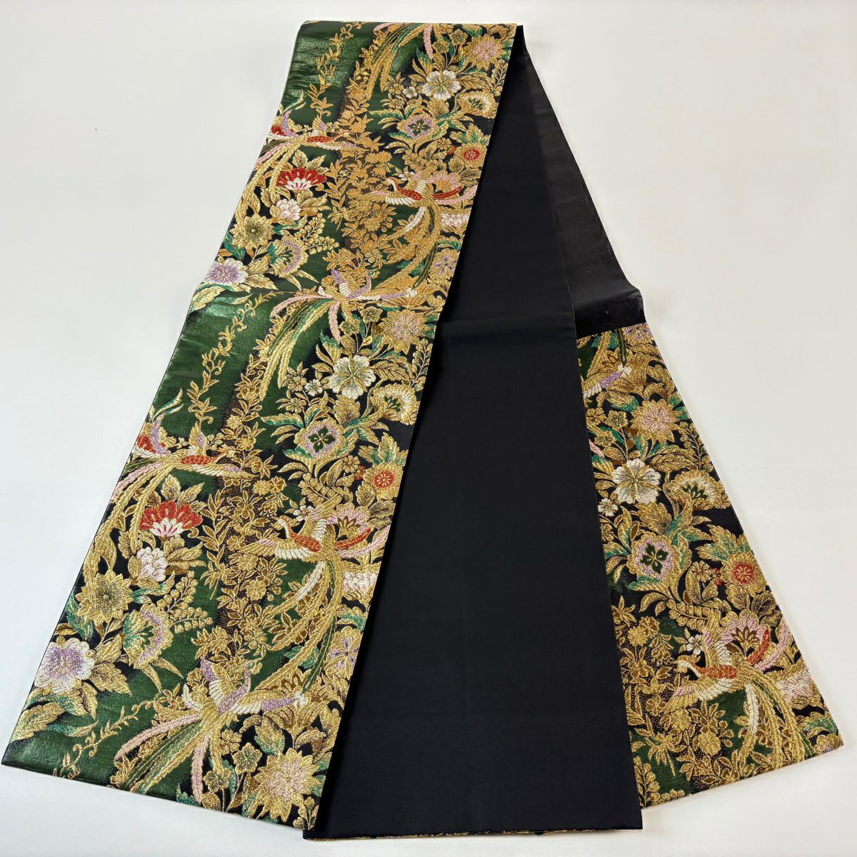 【美品】 袋帶 秀品級 草花紋 鳥 金金箔 金絲 灰綠 六通 純蠶絲