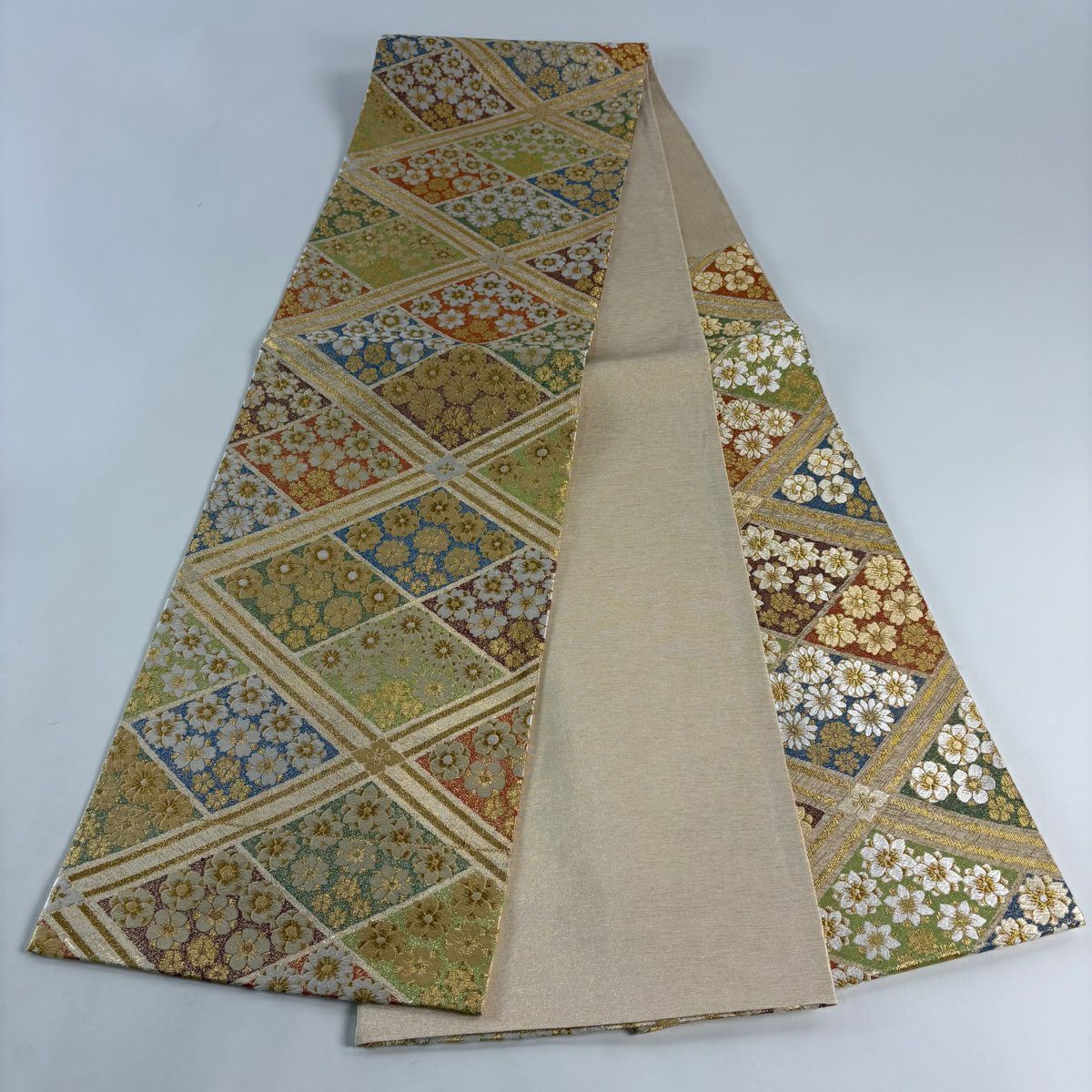 【美品】 袋帶 秀品級 花 斜格 金絲 金金箔 金色 六通 純蠶絲