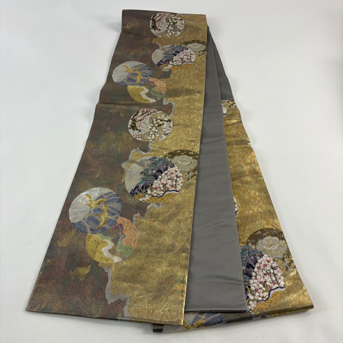 【美品】 袋帶 秀品級 圓窗清雅紋 金絲 金金箔 金 六通 純蠶絲