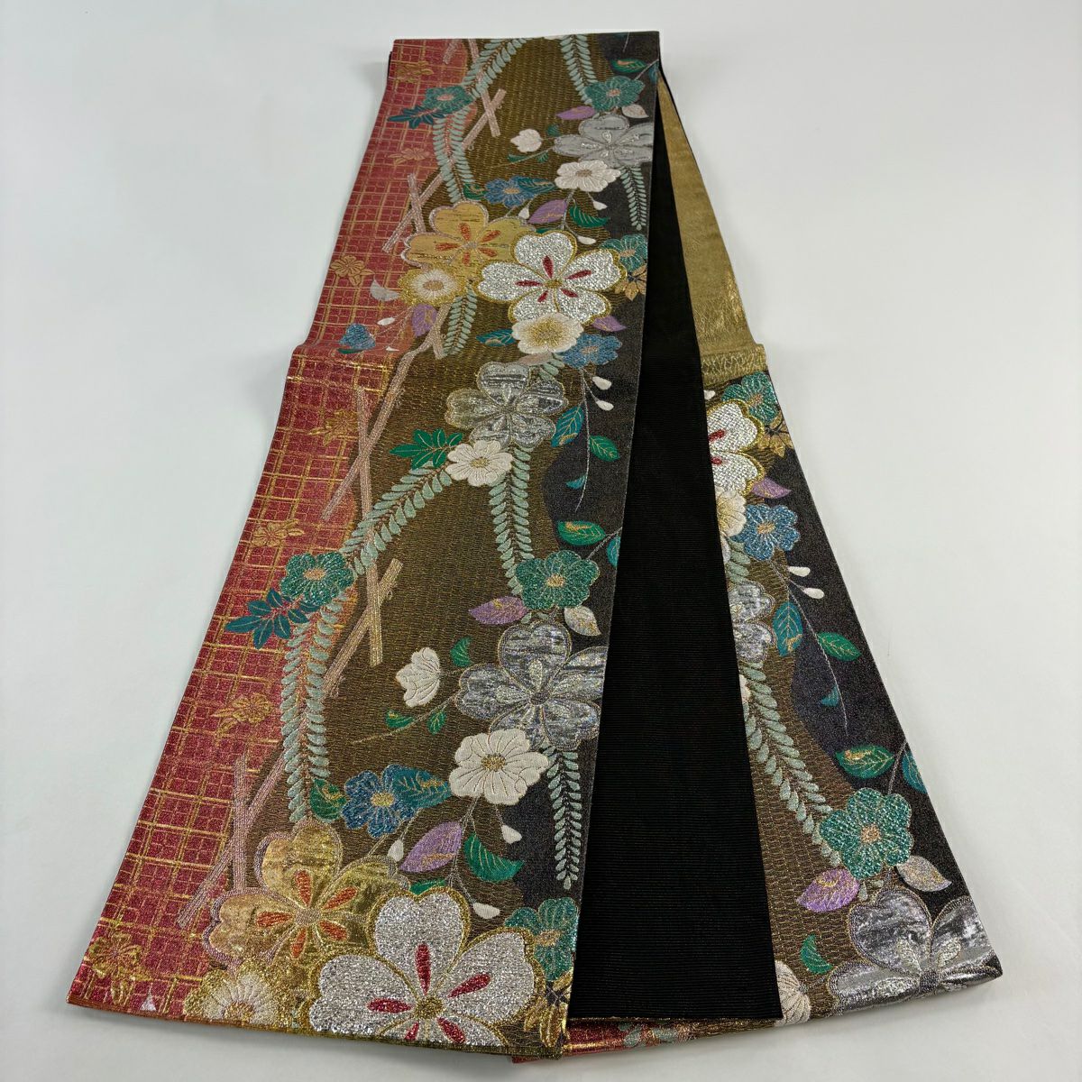【美品】 袋帶 秀品級 草花紋 格子 金金箔 金絲 朱 純蠶絲