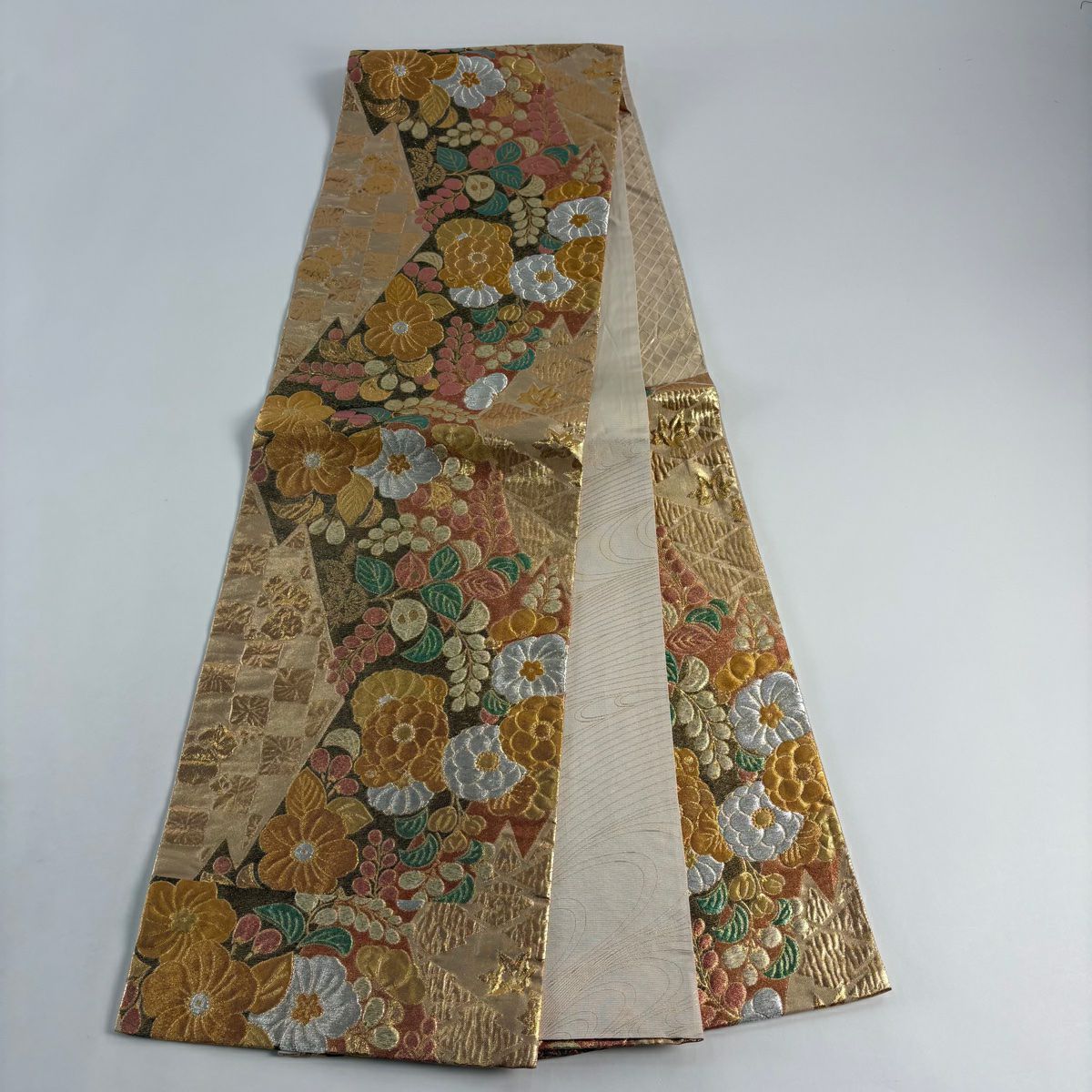 袋帶 秀品級 振袖禮服禮服用 辻花染圖案 松樹皮菱 金金箔 金銀線 金色 六通 純蠶絲