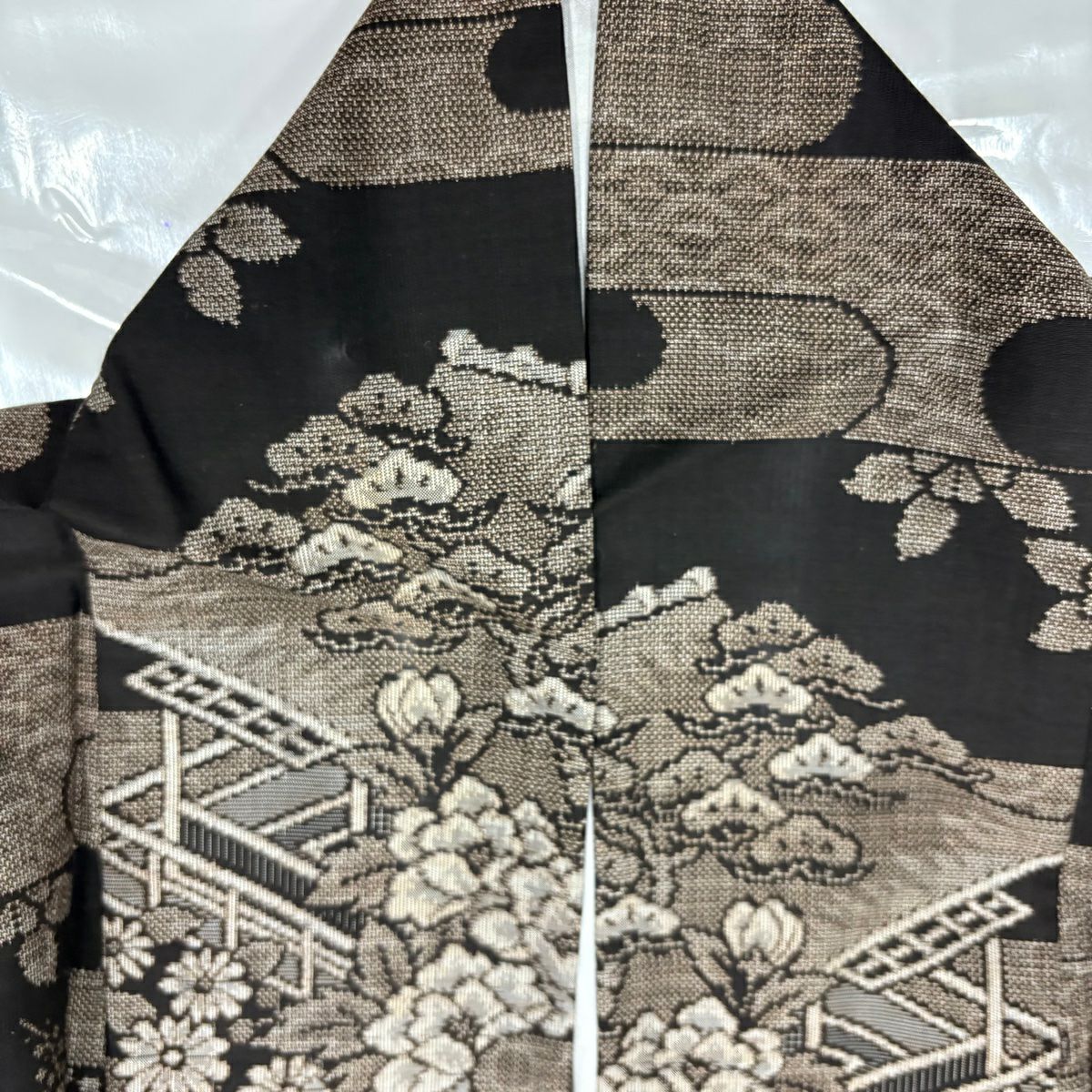 紬織 身長158cm 袖長62cm S 雙層 ヱ霞 松樹 焦茶 純蠶絲 秀品級