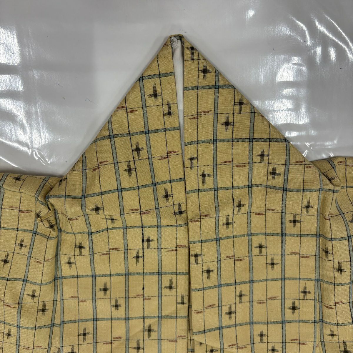 【美品】 紬織 身長157cm 袖長62.5cm S 單層 格子 十字絣 淺黃 純蠶絲 優品級