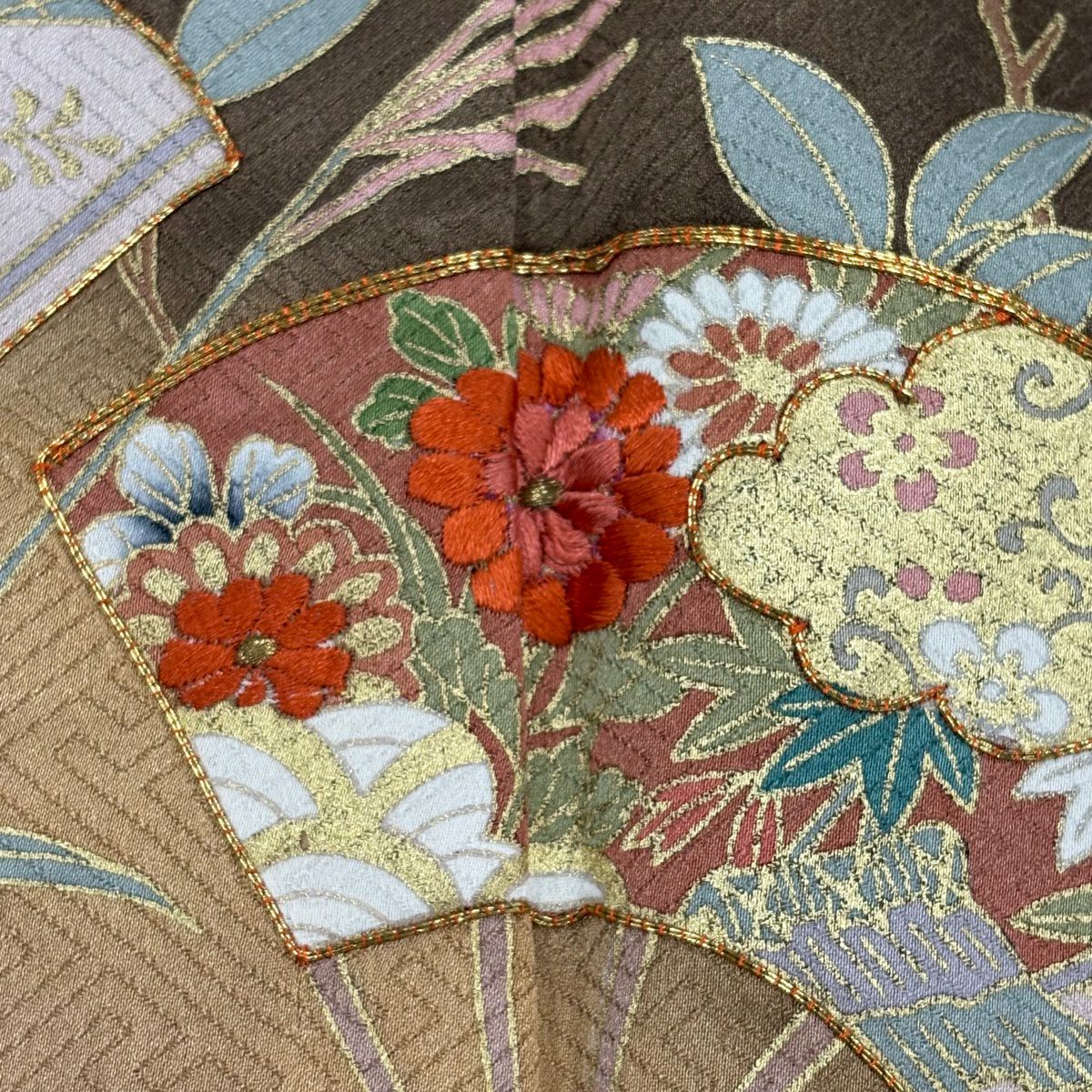 訪問服 身長157cm 袖長64cm M 雙層 扇子面 橘色 刺繡 金糸 茶 純蠶絲 秀品級