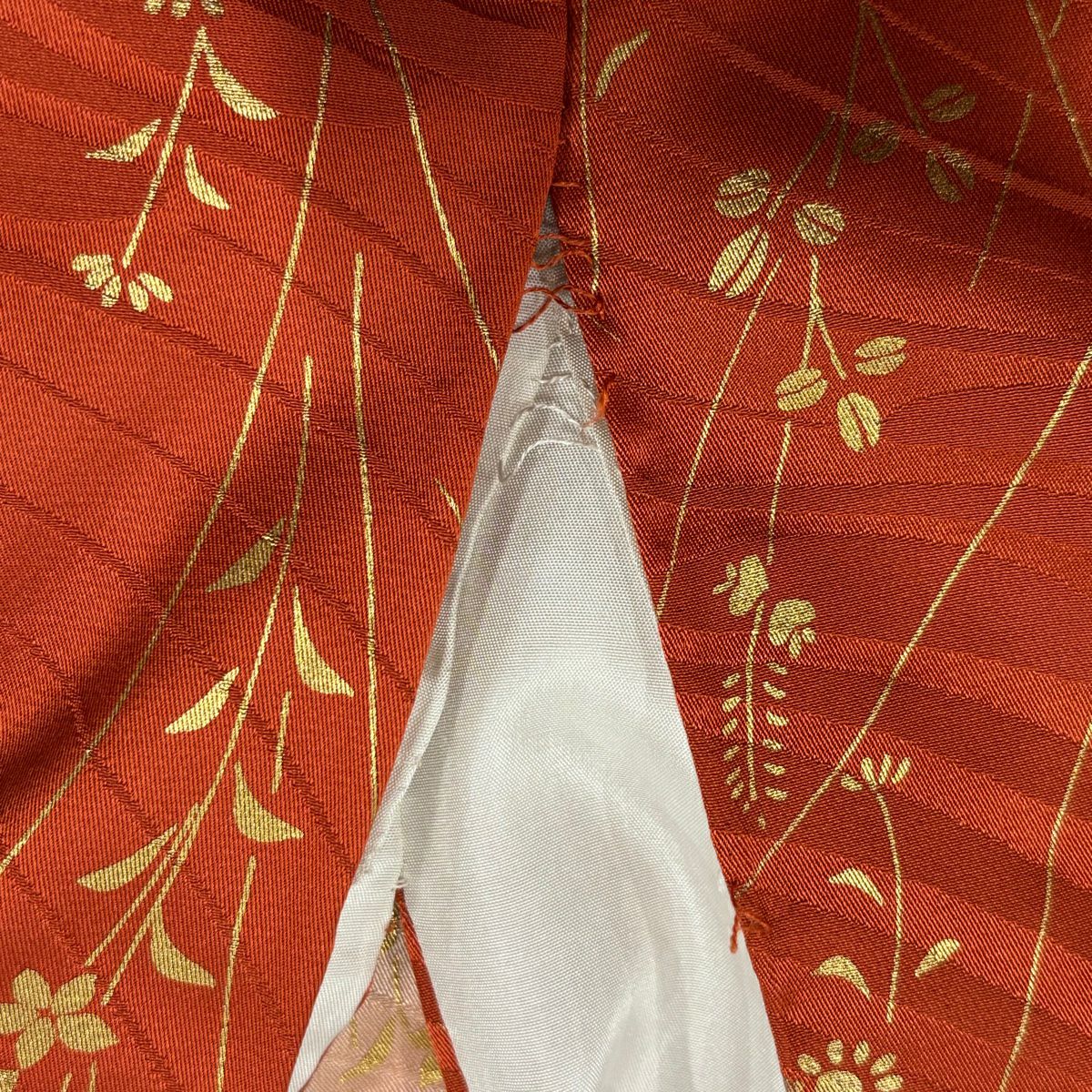 振袖禮服 身長160.5cm 袖長65.5cm M 雙層 花扇子 梅花 金銀彩 漸層 紅茶 純蠶絲 優品級
