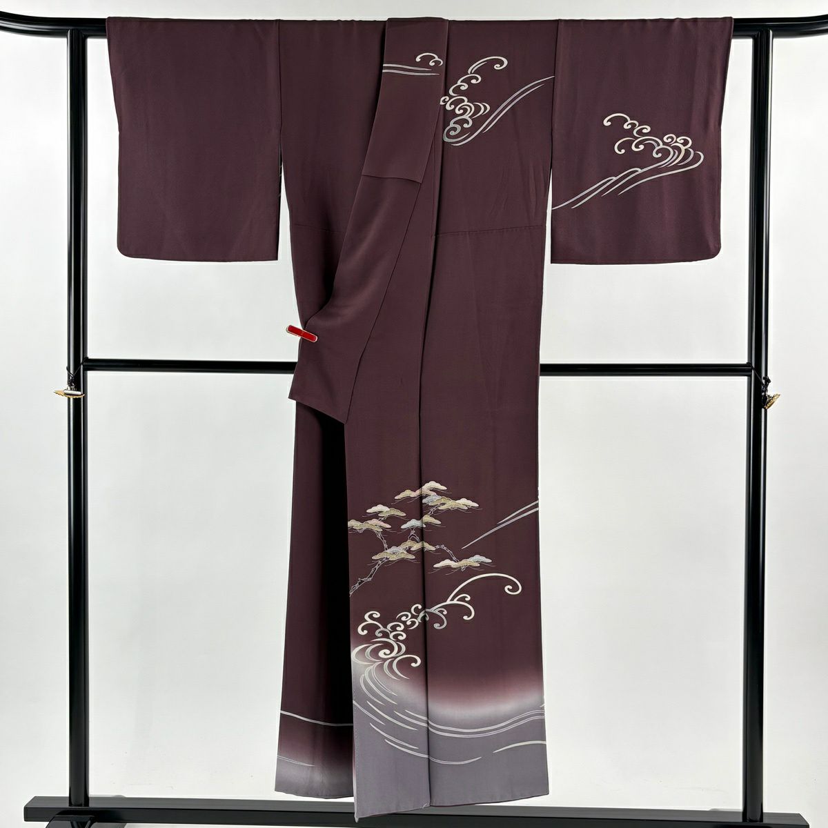 訪問服 身長150cm 袖長62cm S 雙層 上野街子 精染居 落款あり 笠松樹 波 辨染 紅紫 純蠶絲 逸品級