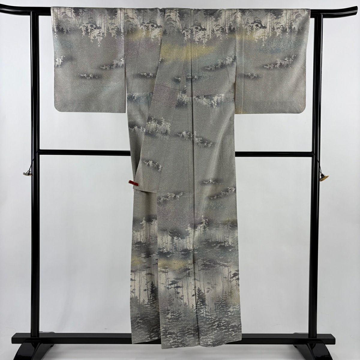 訪問服 身長155.5cm 袖長64cm M 雙層 牛首紬織織 落款 樹木 霞 灰 純蠶絲 逸品級