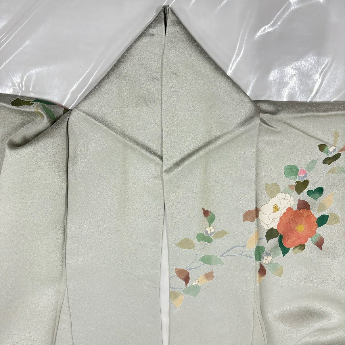 訪問服 身長159cm 袖長63cm S 雙層 椿 雲紋 金彩裝飾 灰綠 純蠶絲 秀品級