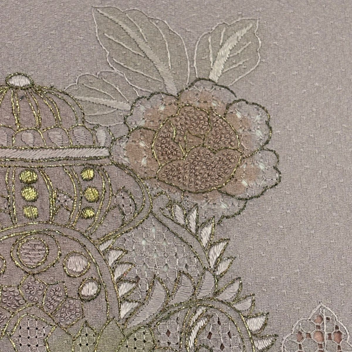 付下 身長157cm 袖長63cm S 雙層 草花紋紋 器物刺繡 金糸 灰紫 純蠶絲 優品級