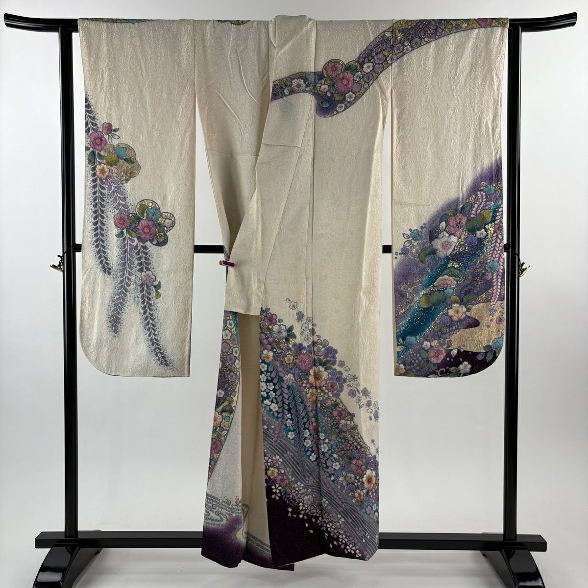 振袖禮服 身長153cm 袖長64cm M 雙層 辻花染 波 金通 金彩裝飾 絞染 奶油色 純蠶絲 逸品級