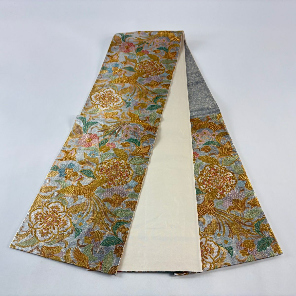 【美品】 袋帶 秀品級 華紋 花鳥 金絲 金金箔 淺綠 六通 純蠶絲