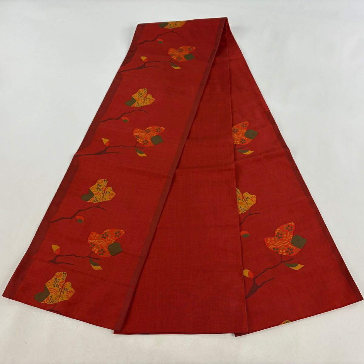 【美品】 袋帶 秀品級 木屋太 有落款 枝葉 茜 深紅 六通 純蠶絲