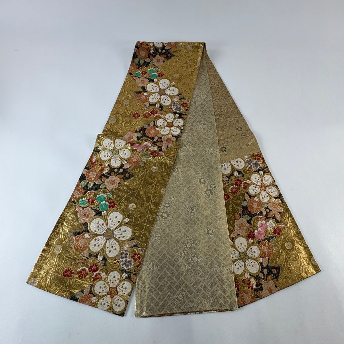 【美品】 袋帶 秀品級 梅花 菊花 金絲 金金箔 金 六通 純蠶絲