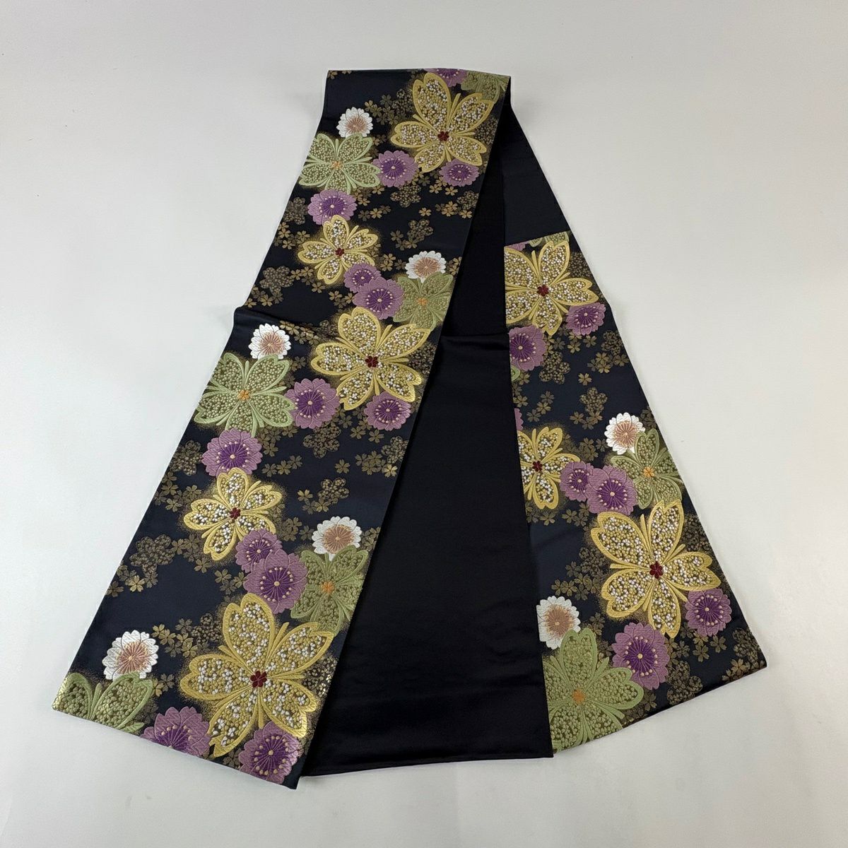 【美品】 袋帶 秀品級 櫻花 金金箔 墨色 六通 純蠶絲