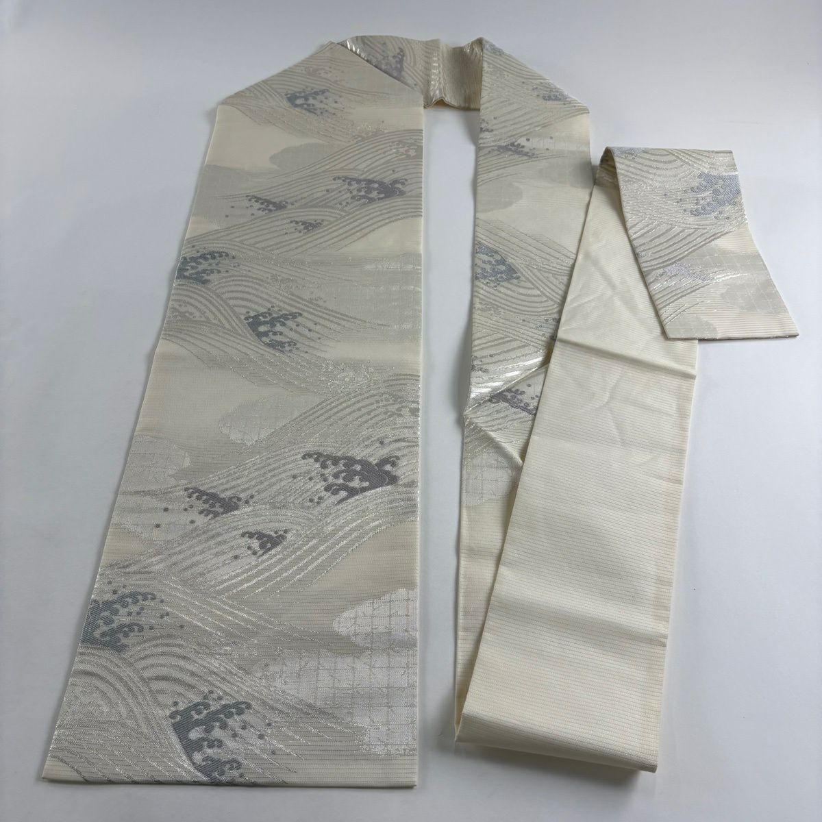 【美品】 名古屋帶 秀品級 夏帶 波頭 金金箔 銀絲 奶油色 純蠶絲