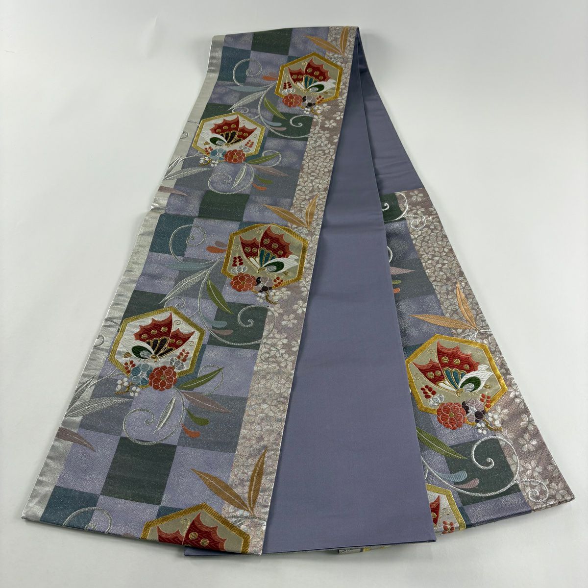 【美品】 袋帶 秀品級 振袖禮服禮服用 蝶 唐草紋 金銀絲 金金箔 灰紫 六通 純蠶絲