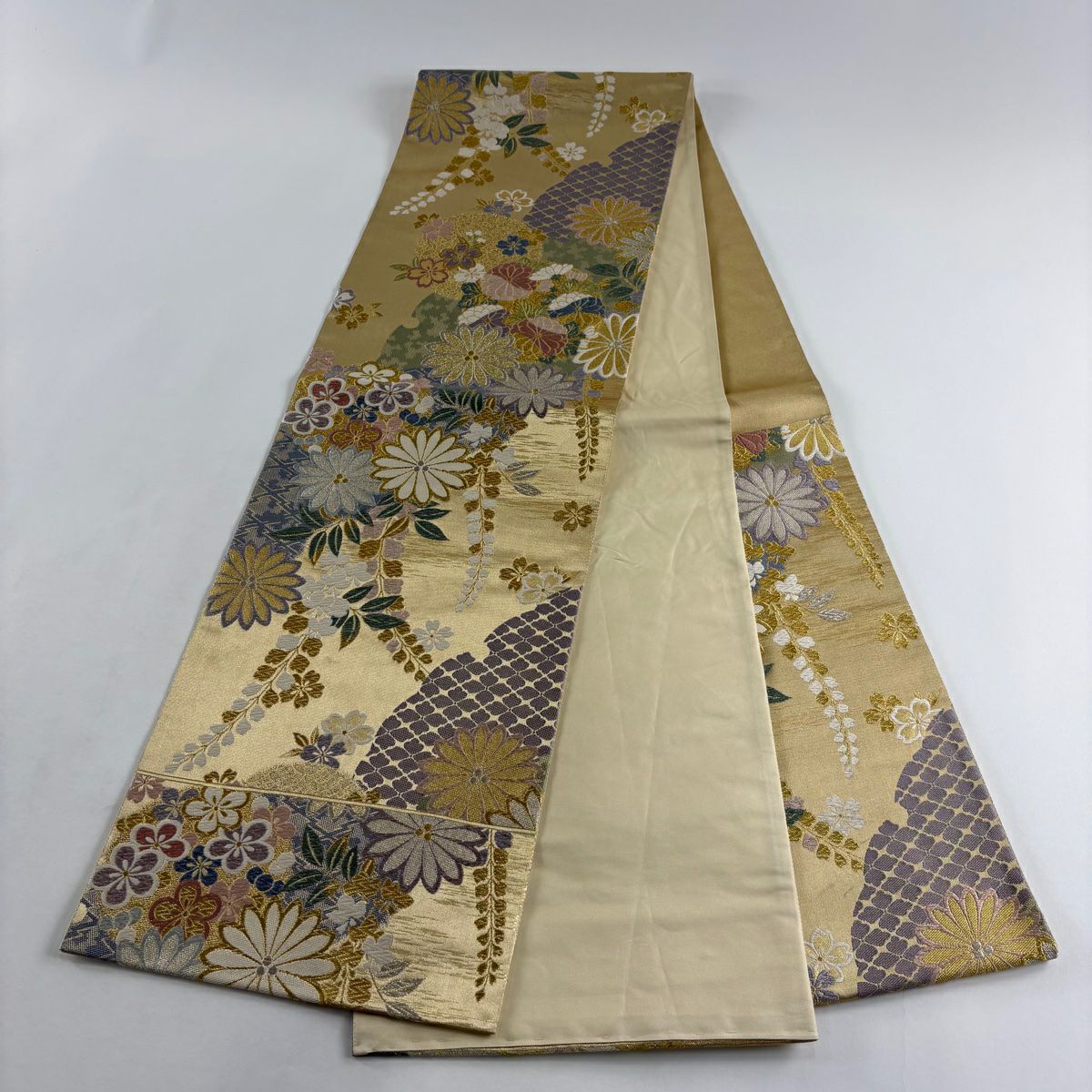 【美品】 袋帶 秀品級 菊花 梅花 金銀彩 金色 六通 純蠶絲