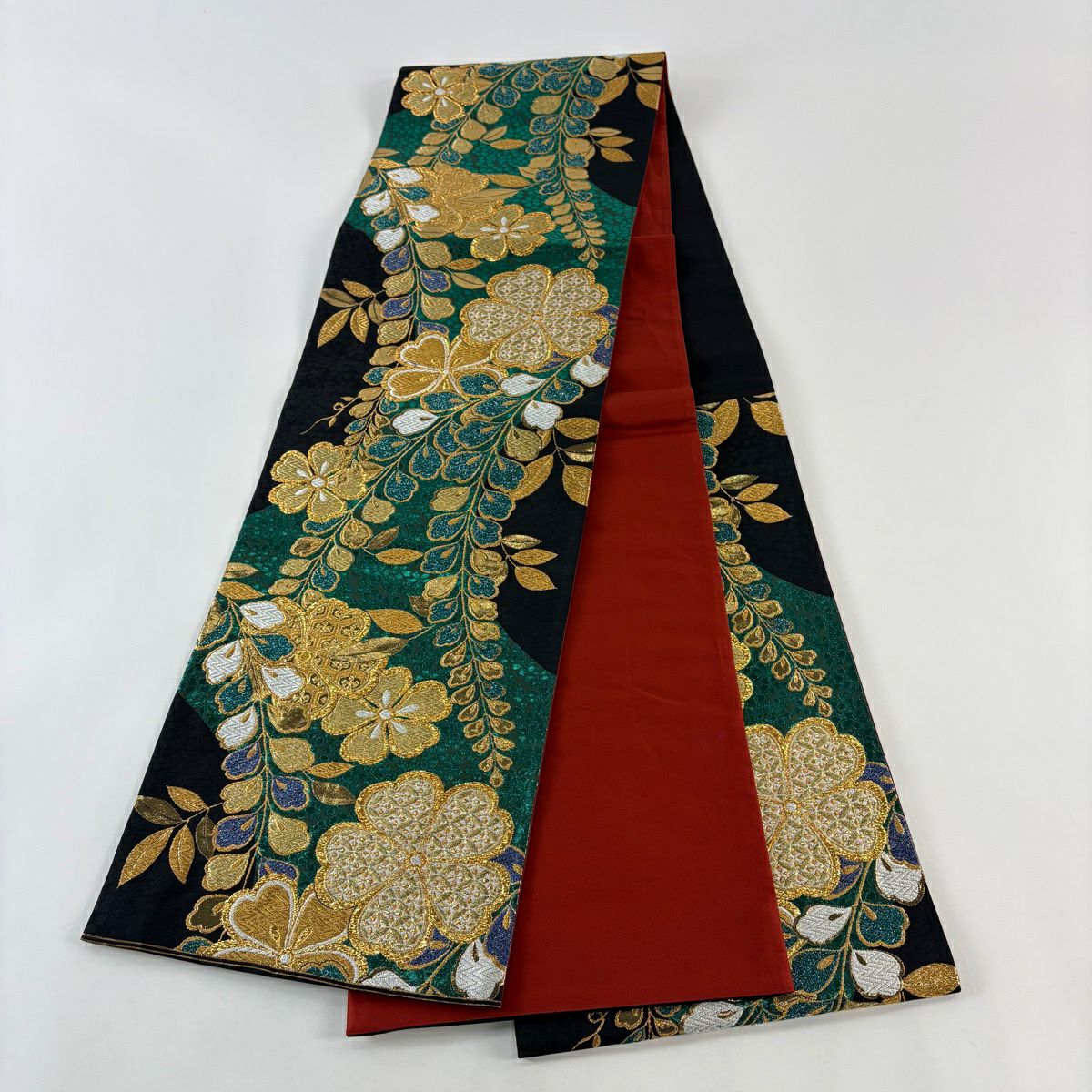 【美品】 袋帶 秀品級 振袖禮服禮服用 草花紋紋 七寶紋 金金箔 金銀彩 青綠 六通 純蠶絲