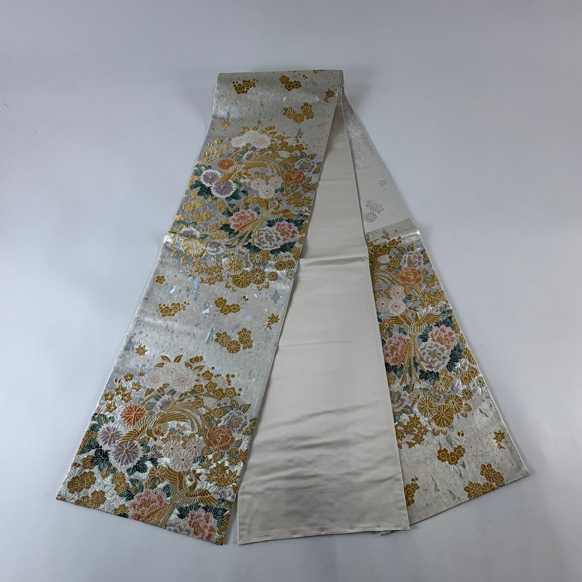 【美品】 袋帶 秀品級 鳳凰 草花紋 金糸 金金箔 金 六通 純蠶絲