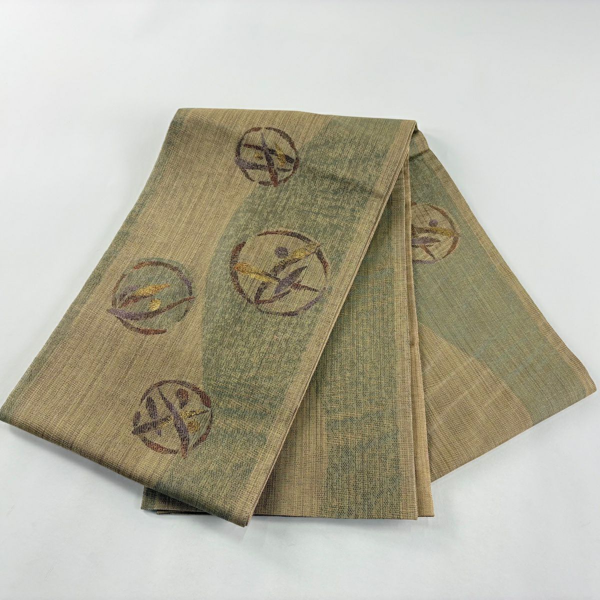 【美品】 袋帶 秀品級 葉 實 金金箔 茶綠 お太鼓圖案 純蠶絲