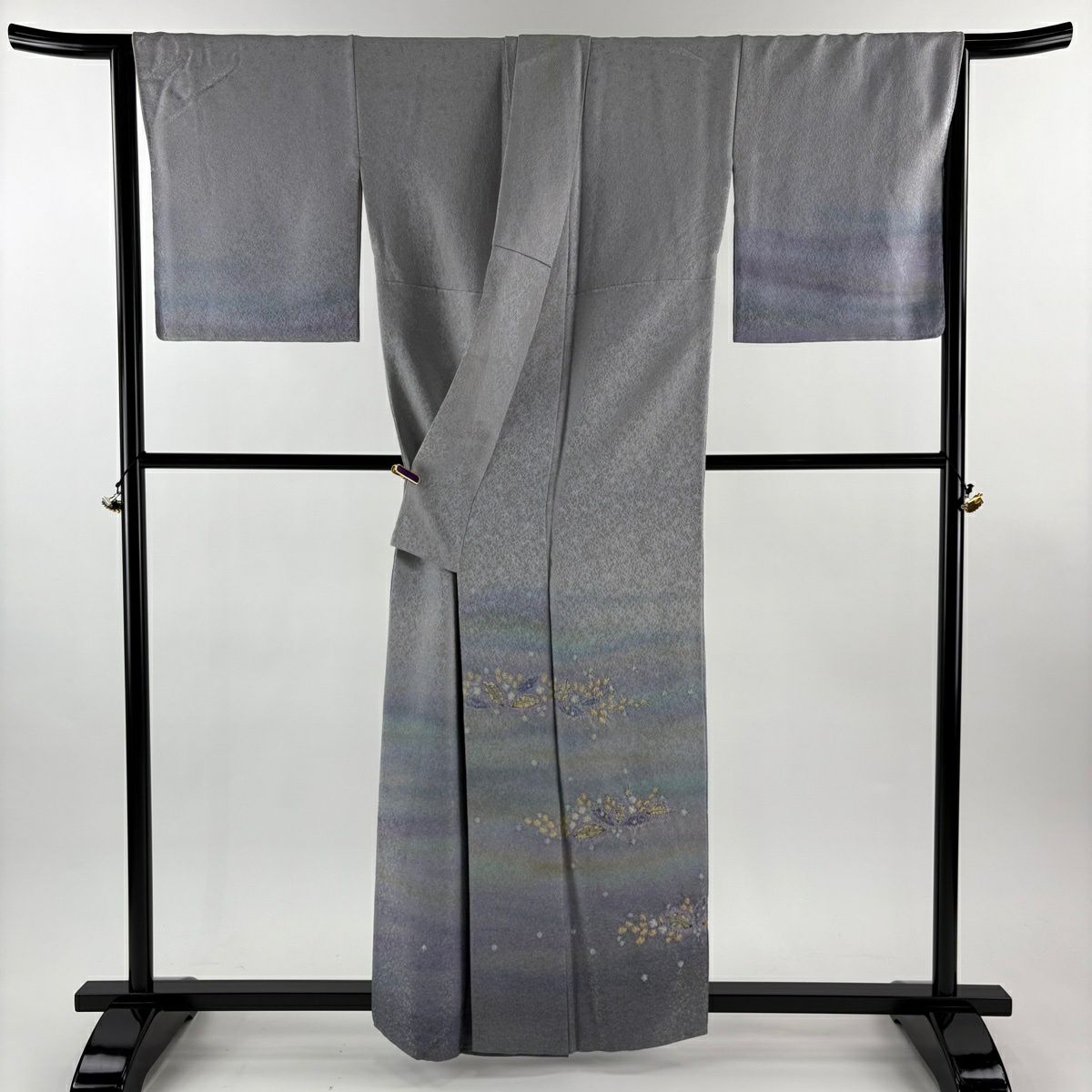 付下 身長158cm 袖長66cm M 雙層 初代 久保田一竹子 落款 葉紋 霞 金通 金銀彩 灰紫 純蠶絲 逸品級