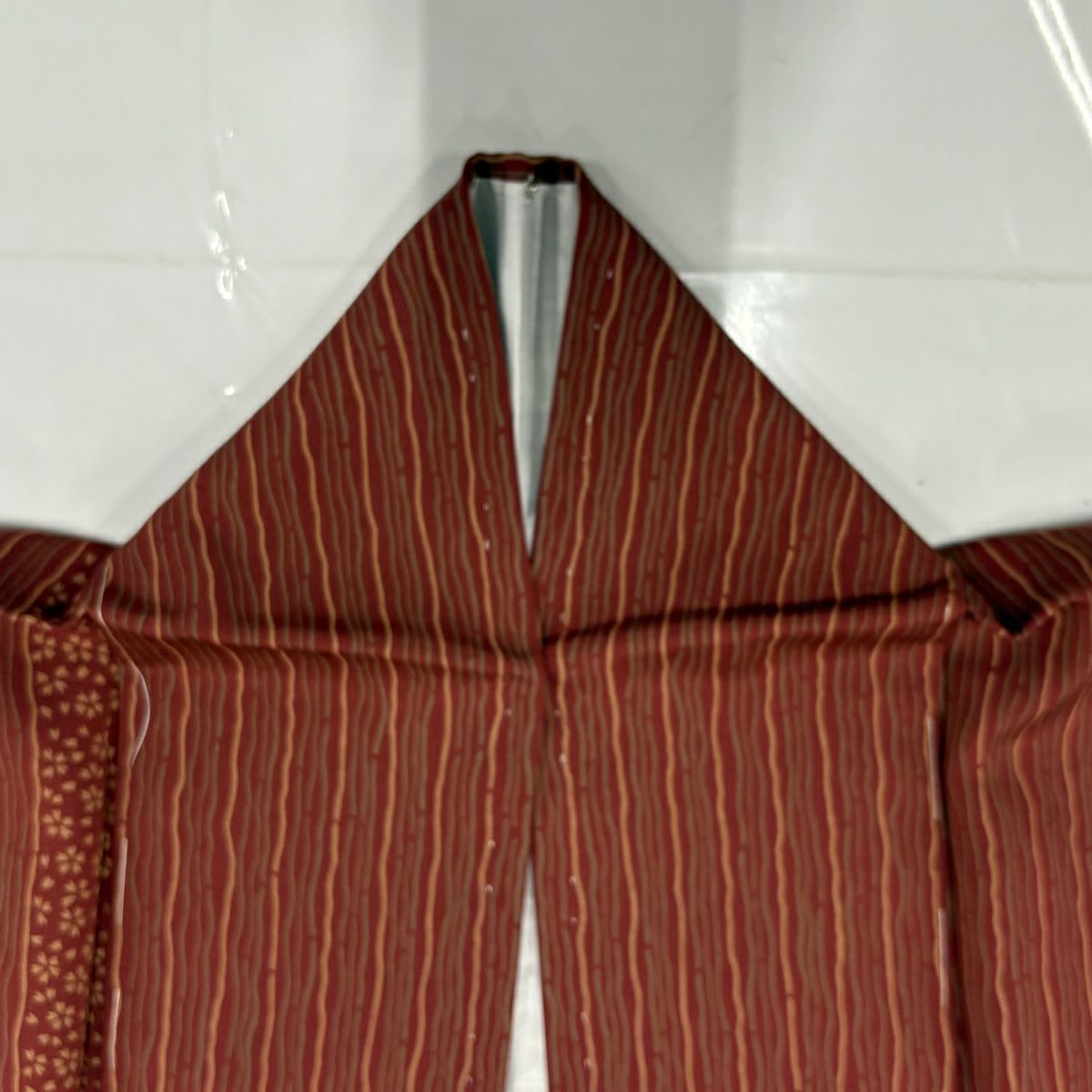 【美品】 小紋 身長154cm 袖長63cm S 雙層 櫻花 條紋 紅茶 純蠶絲 優品級