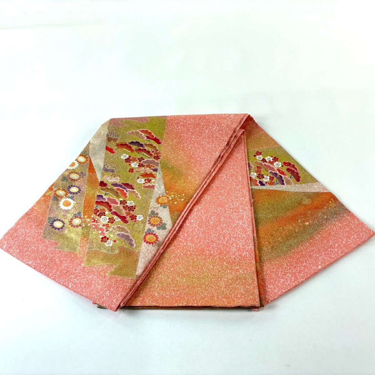 袋帶 逸品級 松樹井青々 落款あり 共箱付 菊花唐草紋 松樹梅花 金糸 金銀彩 橙色 お太鼓柄 純蠶絲