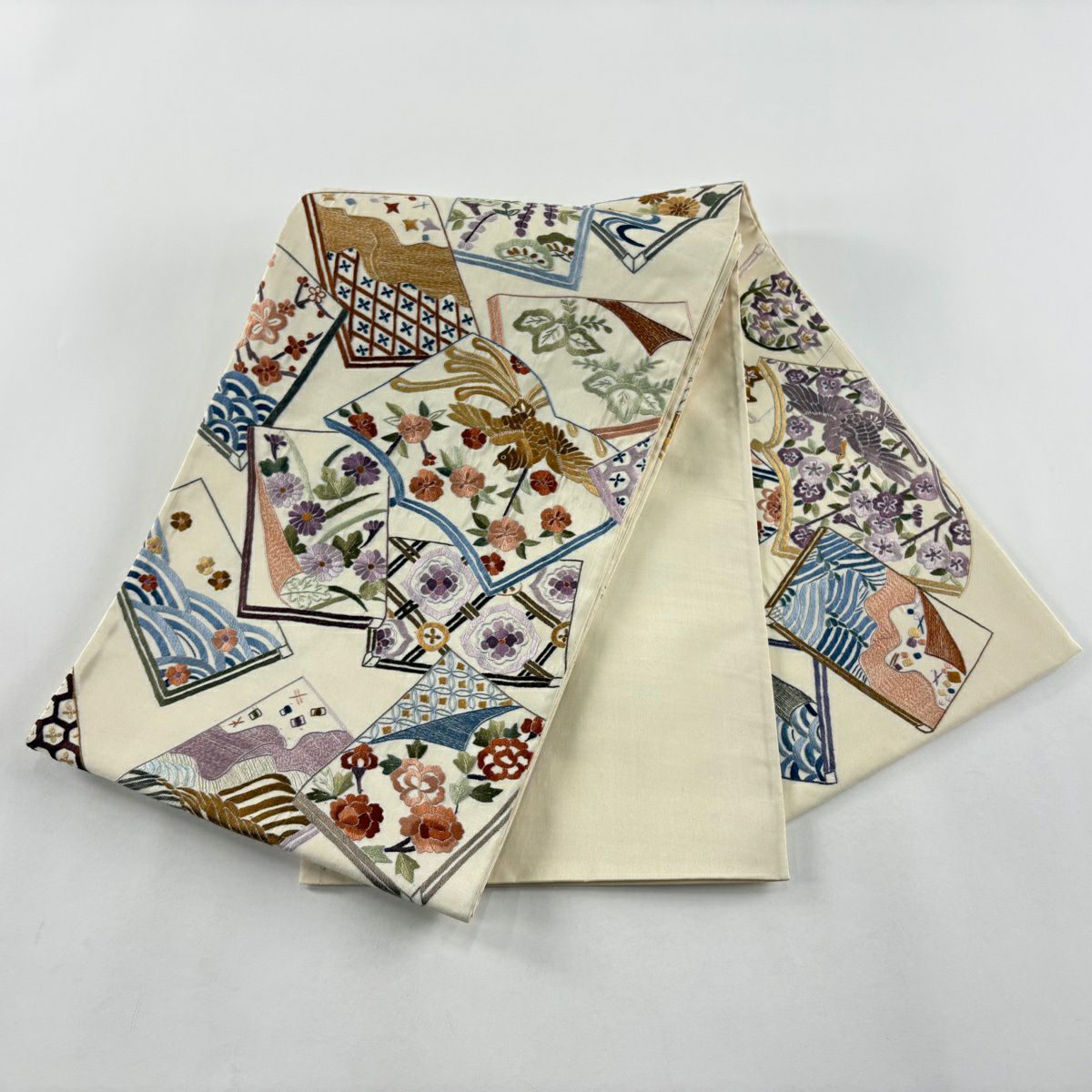 袋帶 逸品級 冊子 花鳥 刺繡 奶油色 大鼓圖案 純蠶絲
