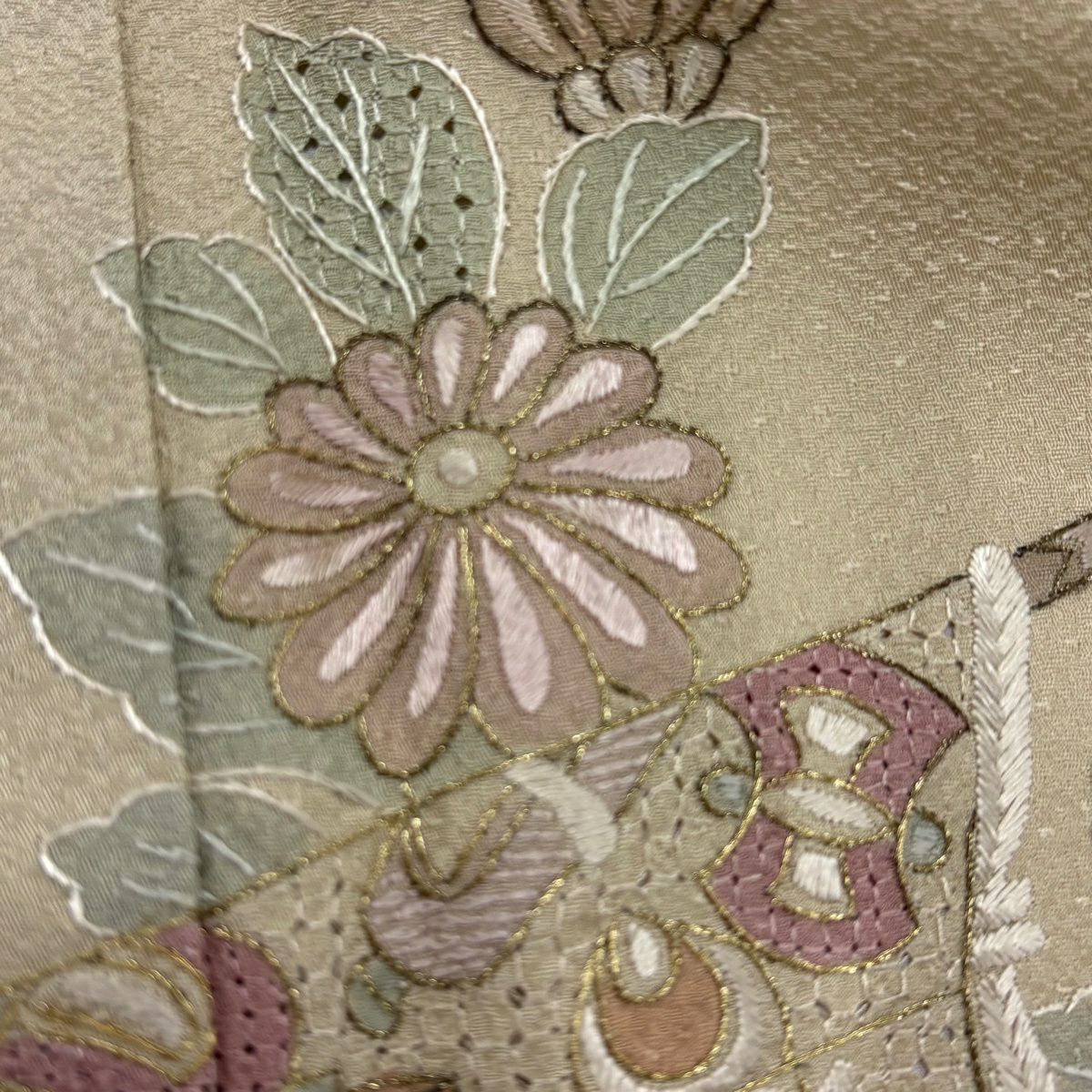 付下 身長171.5cm 袖長68cm L 雙層 幾帳 菊花花刺繡 金線 米色 純蠶絲 名品級