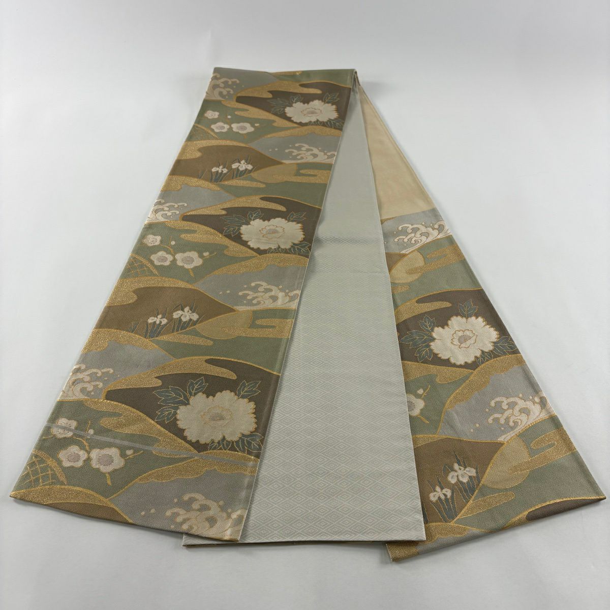 【美品】 袋帶 秀品級 梅花 牡丹 金糸 金金箔 灰綠 六通 純蠶絲