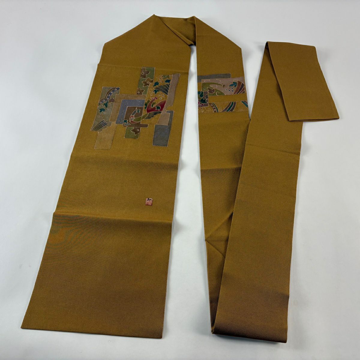 【美品】 名古屋帶 秀品級 附落款 鳥 花 絞織 黃土色 純蠶絲
