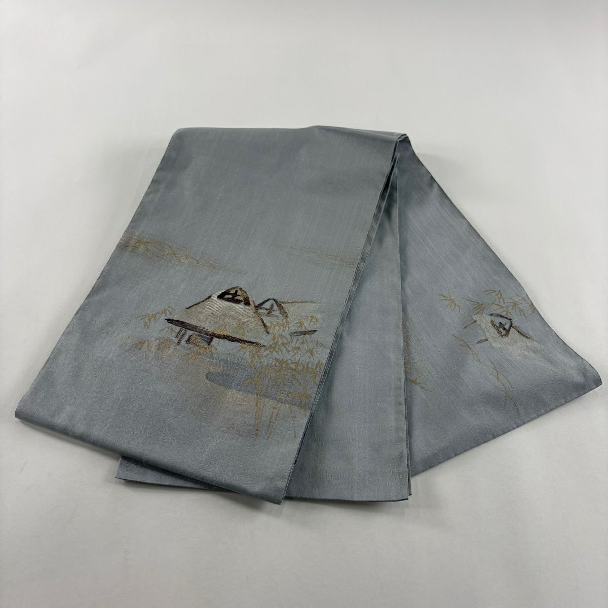 【美品】 袋帶 秀品級 家屋 笹 金銀糸 金銀彩 水色 お太鼓柄 純蠶絲