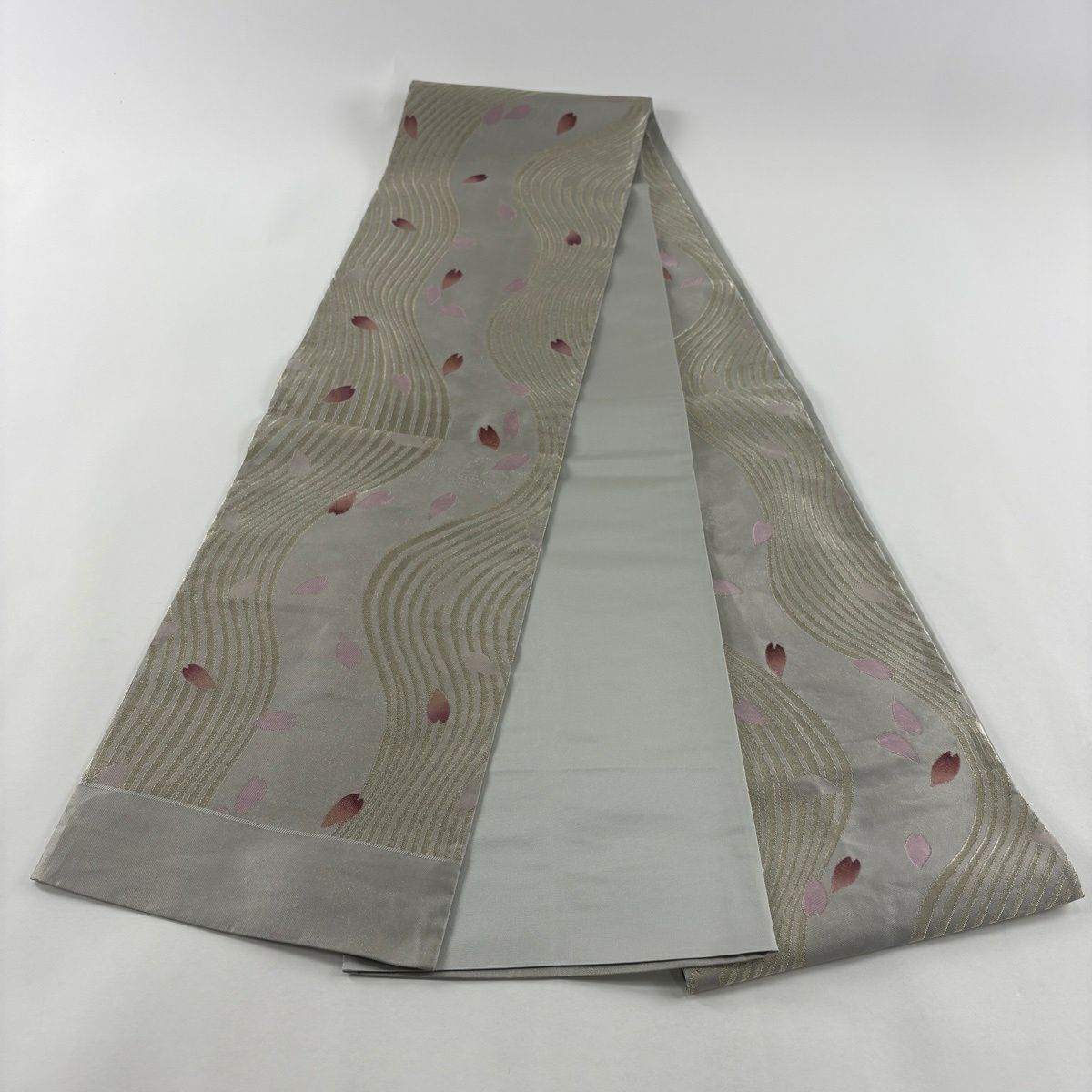 【美品】 袋帶 秀品級 花瓣 雜色條紋 金絲 金銀彩 灰色 全通 純蠶絲