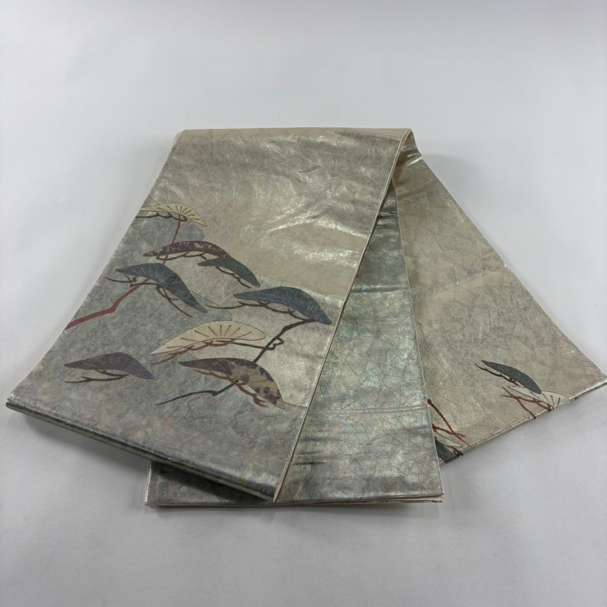【美品】 袋帶 秀品級 關西仕立 松樹 霞 螺鈿金金箔 金金箔 灰綠 お太鼓圖案 純蠶絲