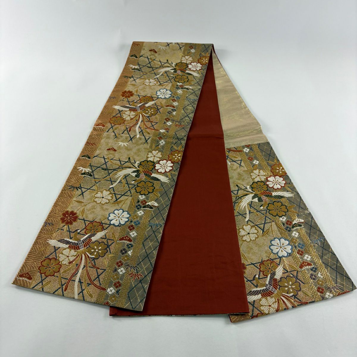 【美品】 袋帶 秀品級 尾長鳥 櫻花 刺繡 金線 金色 六通 純蠶絲