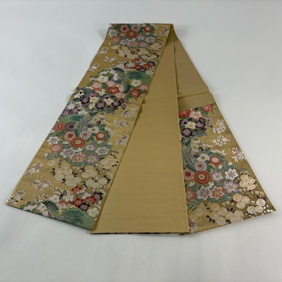 【美品】 袋帶 秀品級 證書齊全 瑞鳳華 花鳥 唐織 金金箔 山吹茶 六通 純蠶絲