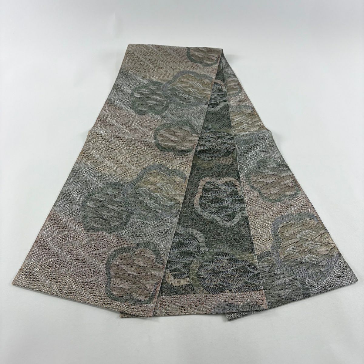 【美品】名古屋帶 秀品級 夏帶 八寸名古屋帶 花 波 金金箔 灰綠 純蠶絲
