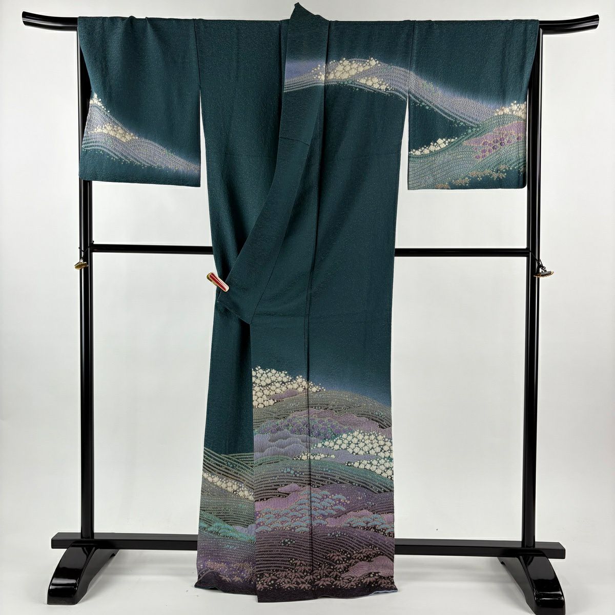 訪問服 身長168.5cm 袖長67.5cm L 雙層 滝泰 有落款 草花紋紋 波 金通染 灰綠 純蠶絲 逸品級