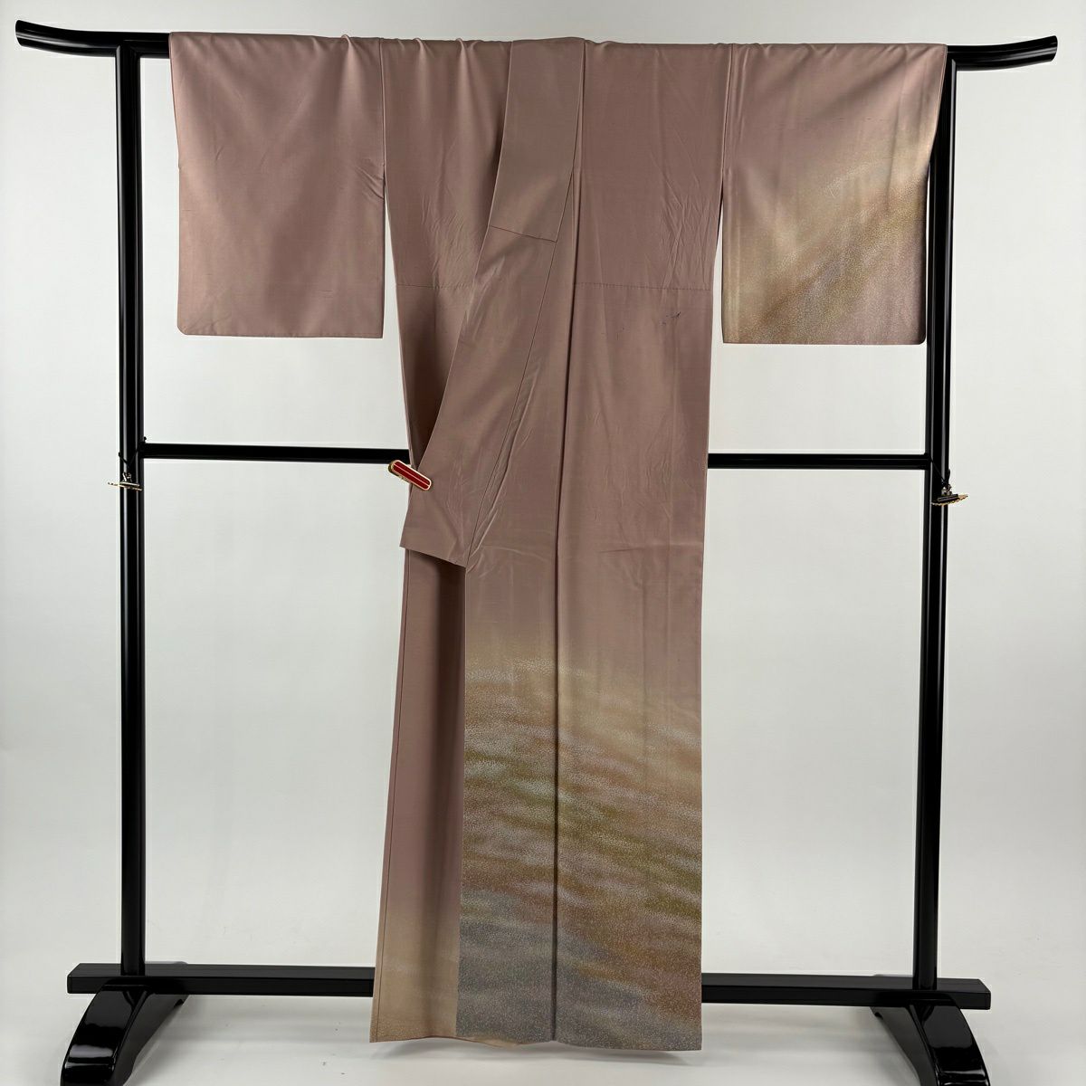 付下 身長162cm 袖長65.5cm M 雙層 牛首紬織織 地 落款あり 霞 染分 ぼかし 灰櫻 純蠶絲 逸品級
